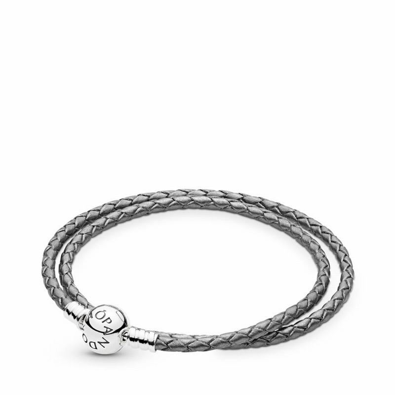 Pandora grey Braided Double-Leather Charm Bracelet NZ Sale, Sterling Silver (329816-KAQ)